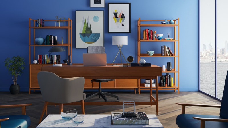 Taste-safe sensory nulla dignissim brown wooden desk with rolling chair and shelves near window